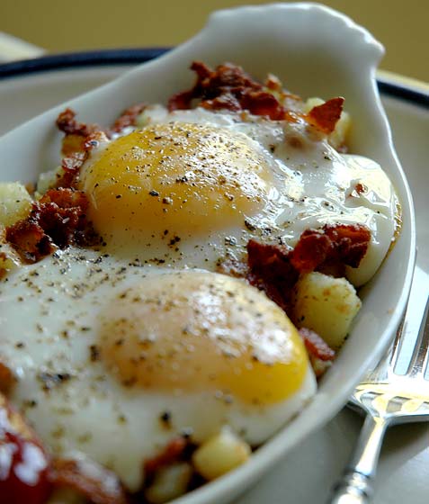 Eggs and bacon and hash