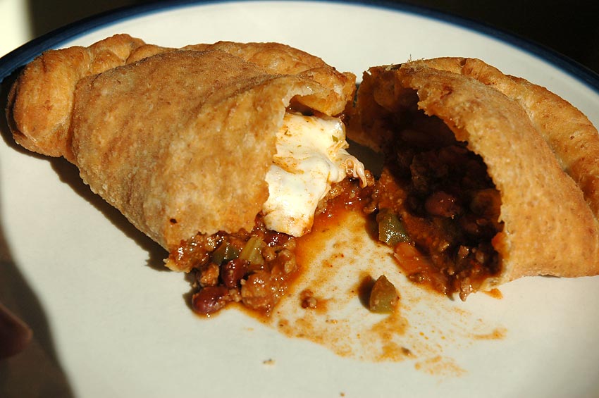 The chili calzone, opened up to reveal the awesome.  